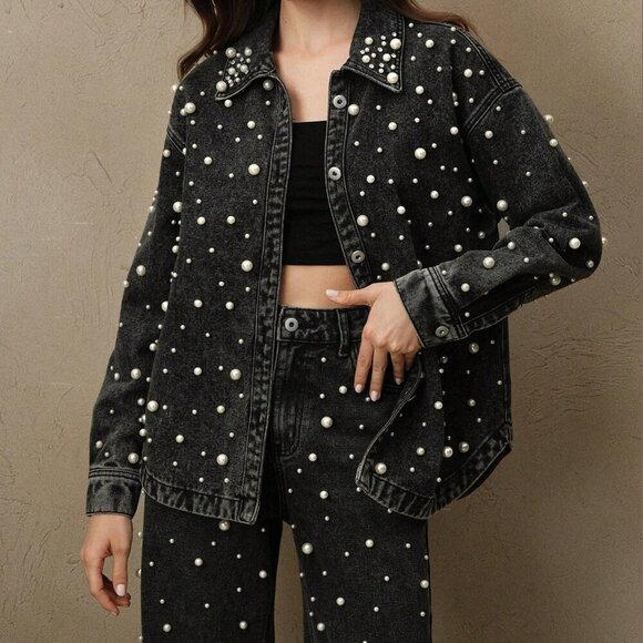 Black Casual Women's Long Cardigan Denim Shirt Blouse w/Pearls And Rhinestones - Picture 4 of 7